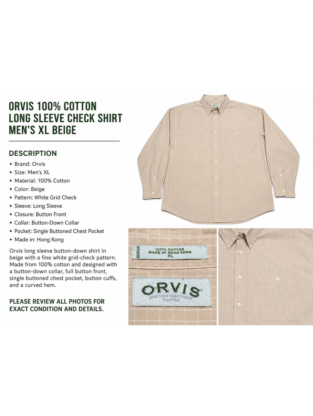 Orvis Men’s XL 100% Cotton Beige Grid Check Long Sleeve Button Down Shirt
